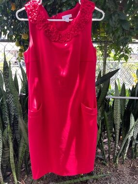 Charter Club Red Sleeveless Shift Dress with Floral Neckline